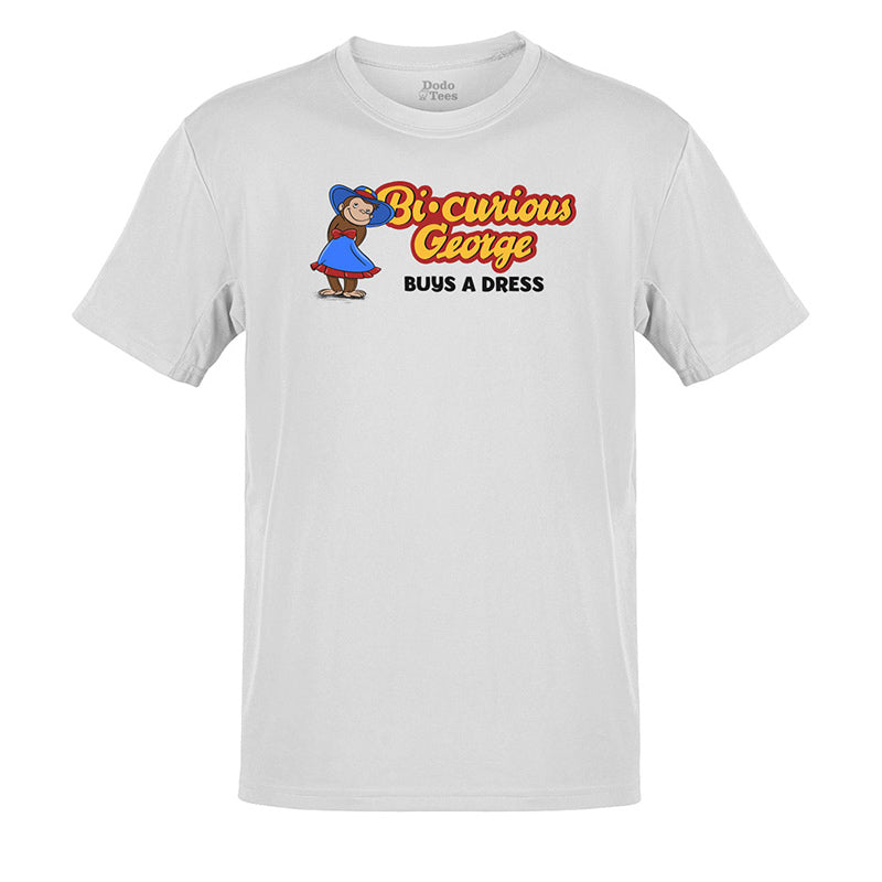 lgbt shirt with bi-curious george graphic in white by dodo tees