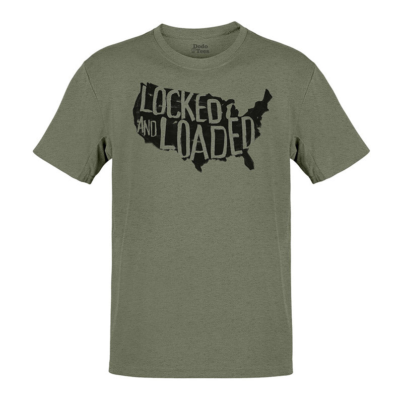 Full view of patriotic shirt with locked and loaded hand drawn typography in heather olive by dodo tees