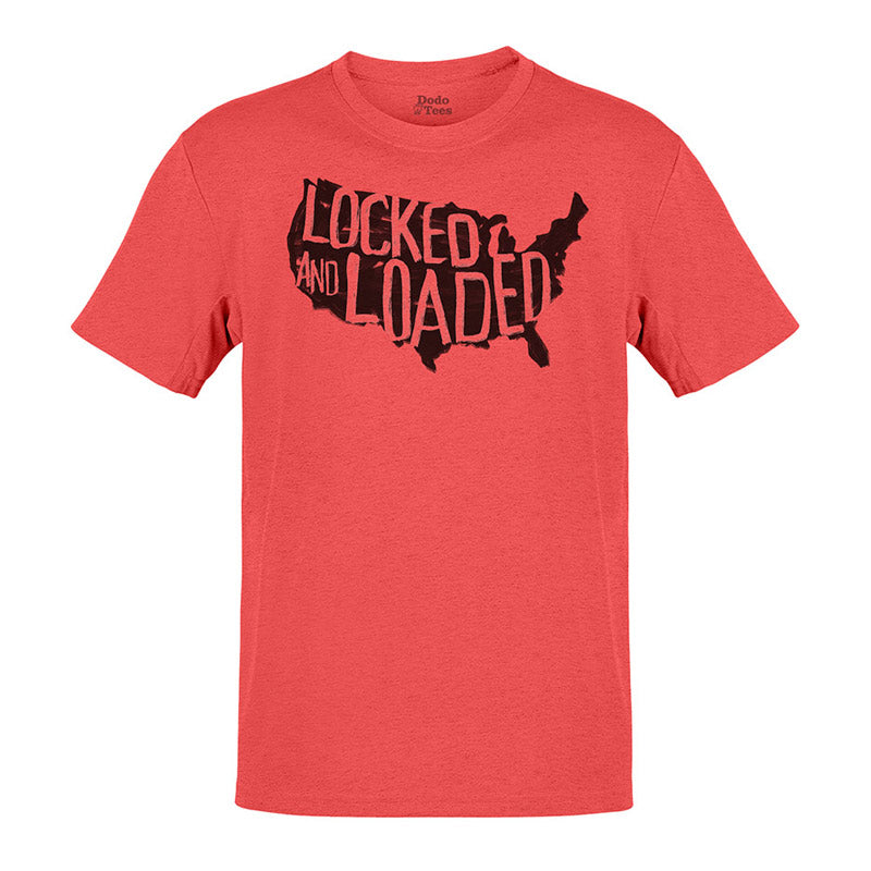 patriotic shirt with US map and locked and loaded hand drawn type in heather red by dodo tees