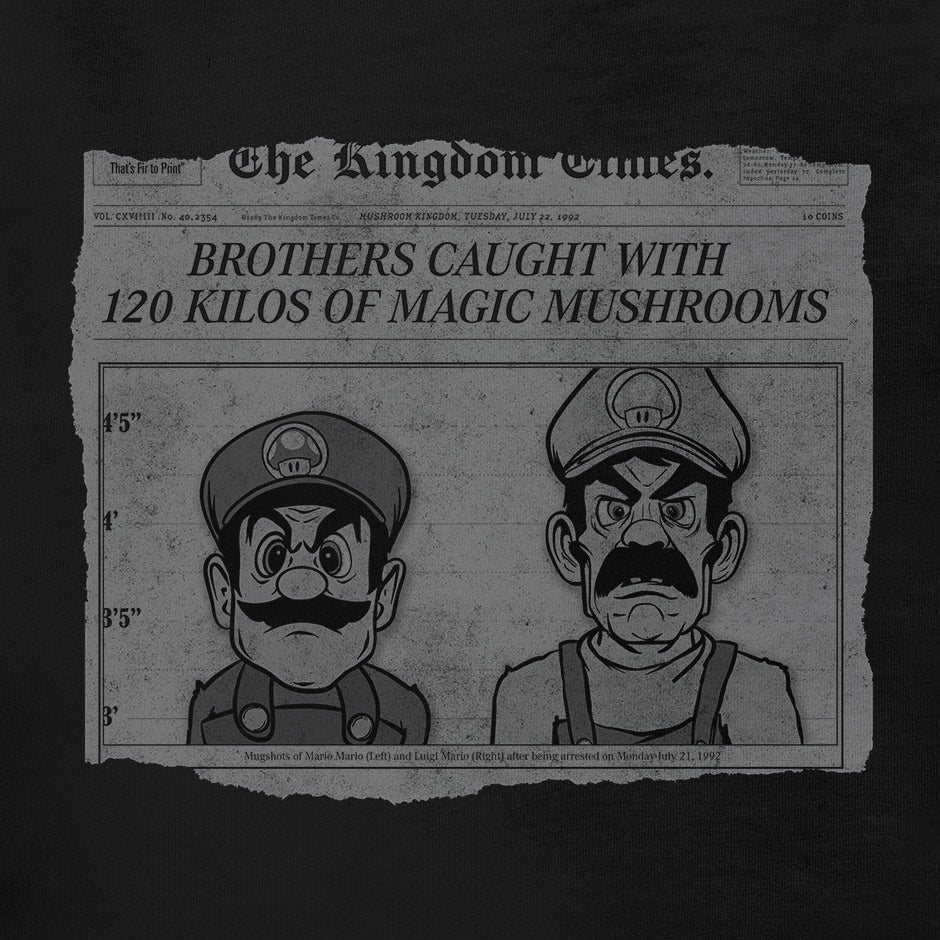 Humorous Mario t-shirt featuring a satirical newspaper article graphic, jokingly 'reporting' on the brothers being 'caught' with kilos of magic mushrooms in the Mushroom Kingdom. Perfect gamer t shirt for fans of the iconic series.