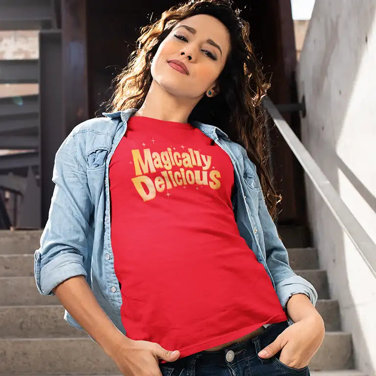 Womens Funny St Patricks Day Shirts with the words magically delicious 