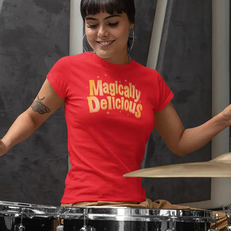 cute girl wearing magically delicious Womens Graphic Tee shirt