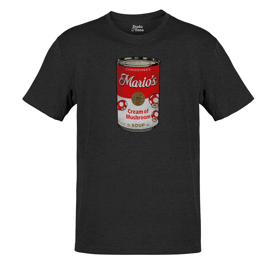 mario shirt featuring a comic illustration of mario's cream of mushroom condensed soup on a classic heather charcoal t shirt by dodo tees