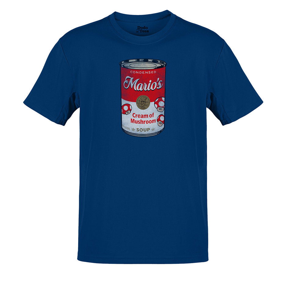 mario t shirt with a vintage style print of mario's cream of mushroom condensed soup on a classic blue t shirt