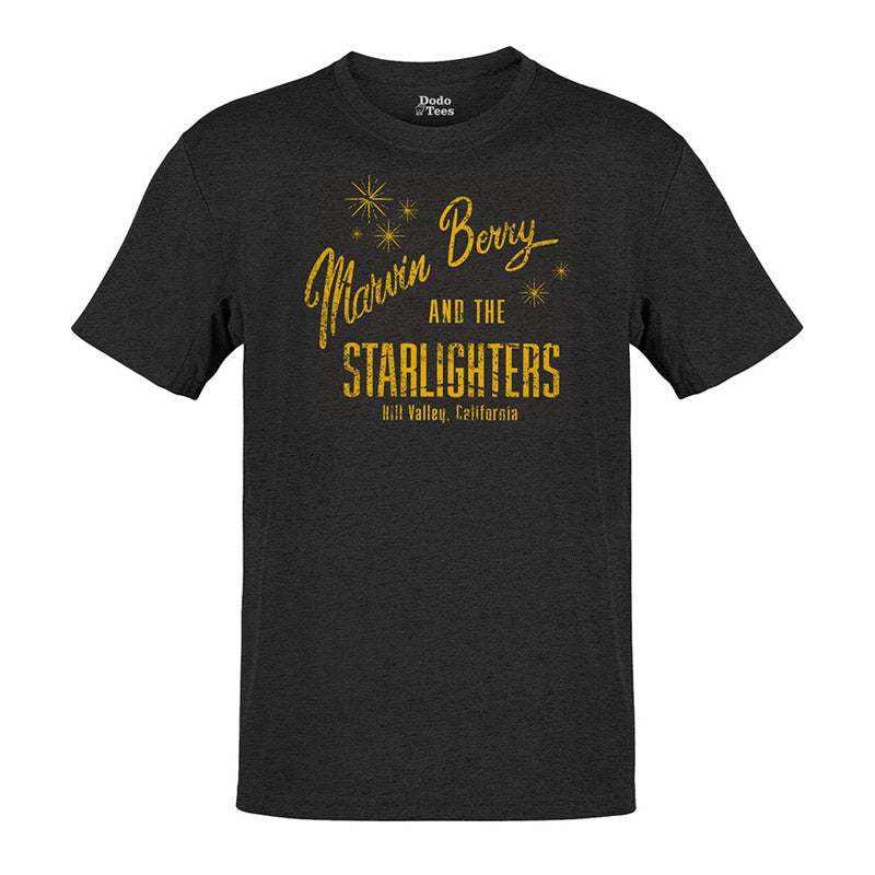 full view of 80s t shirt with marvin berry and the starlighters band logo in heather charcoal