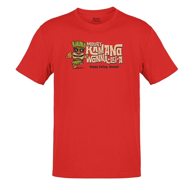 mens beach wear t shirt with mount kamana wanna lei a tiki logo in red