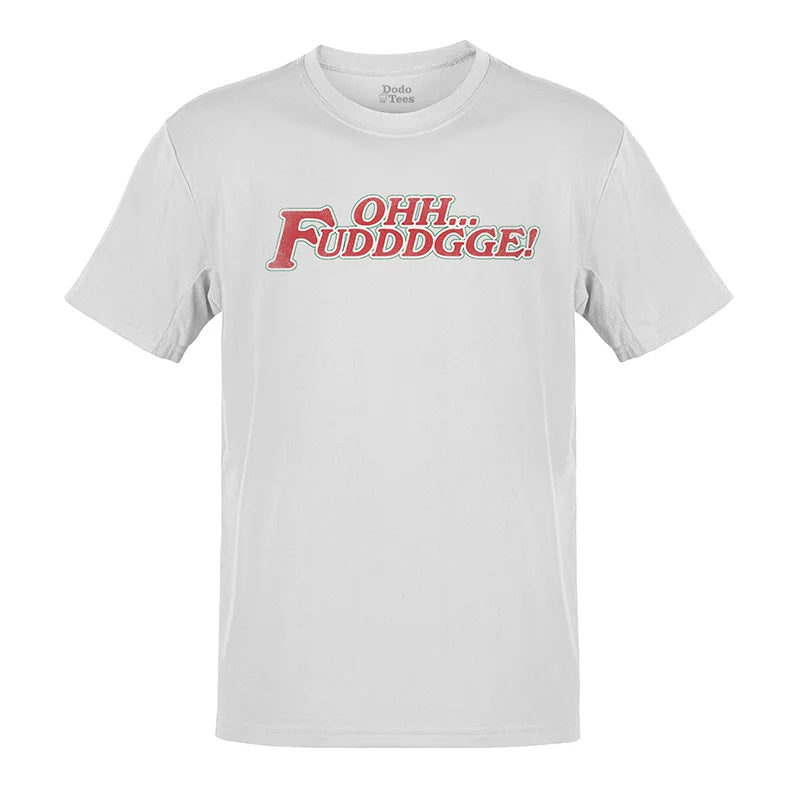 full view of mens christmas tee shirts with oh fudge vintage text in white