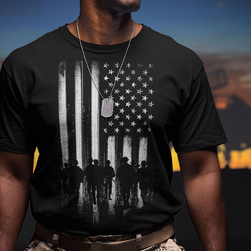 close up view of model wearing military t shirt with american soldiers returning home graphic by dodo tees