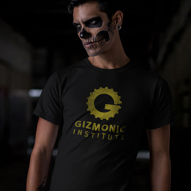 man with skull face paint wearing movie lovers gifts gizmonic institute logo t shirt