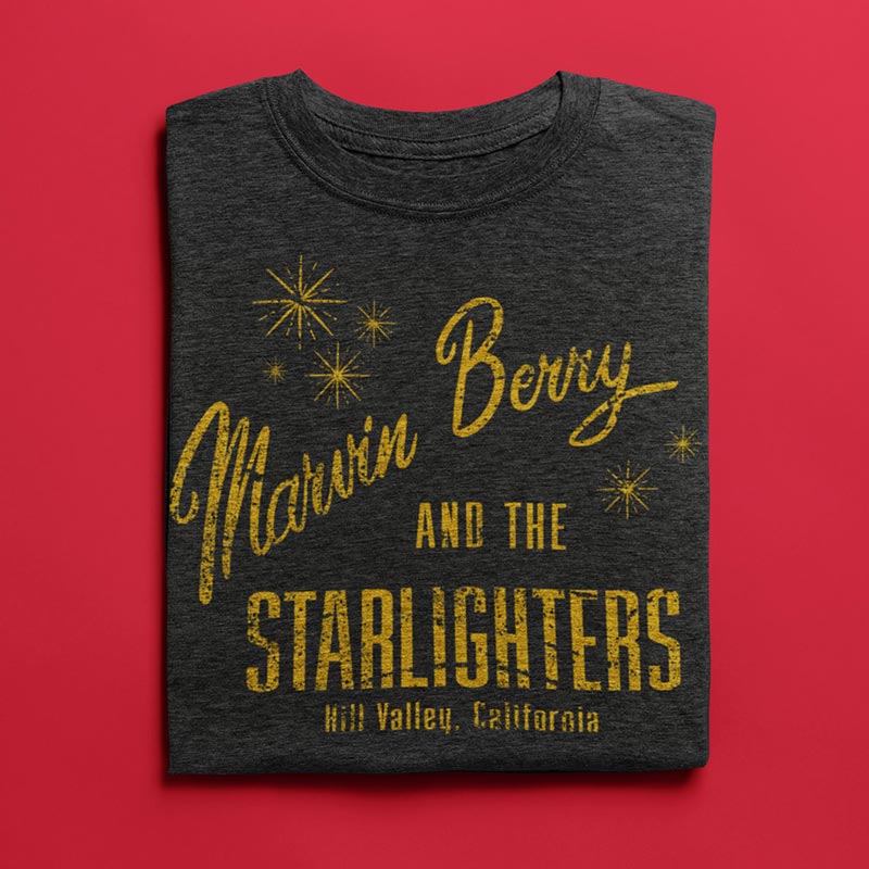 close up view of movie music shirts with marvin berry and the starlighters band logo