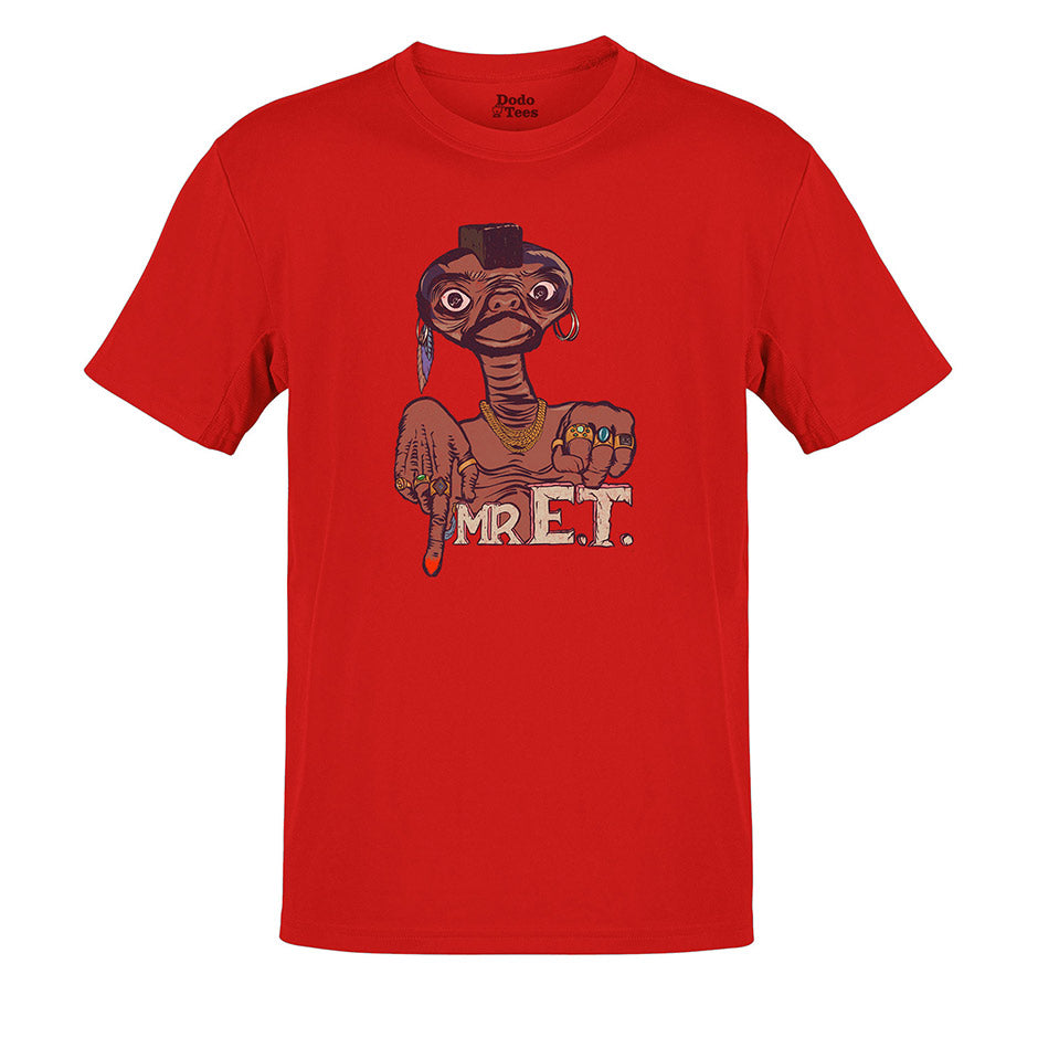 red version of the 80s movie shirt featuring Mr. E.T. mashup illustration by Dodo Tees.The ET shirts are side-seamed for a modern fit.