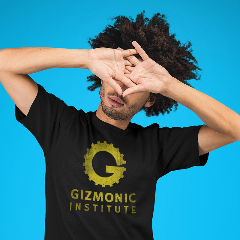 model with hands in front of face wearing mst3k merchandise gizmonic institute t shirt