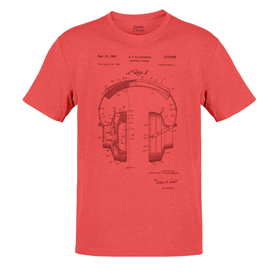 Music t shirt featuring headphone patent in heather red. The music tees make ideal Gifts for music lovers. Music Themed Shirts by Dodo Tees.