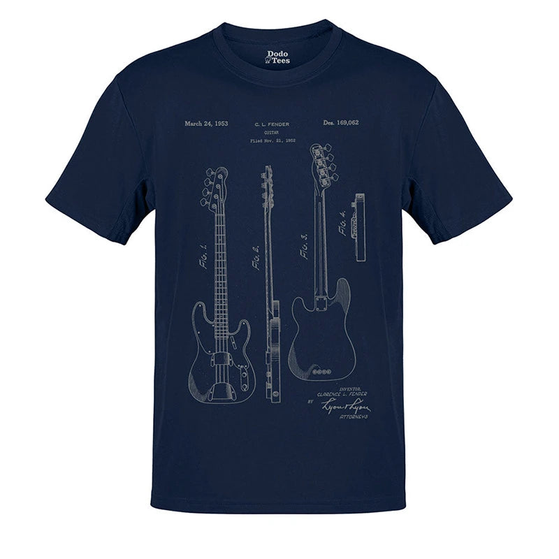 music tee with 1953 bass guitar patent drawing in blue