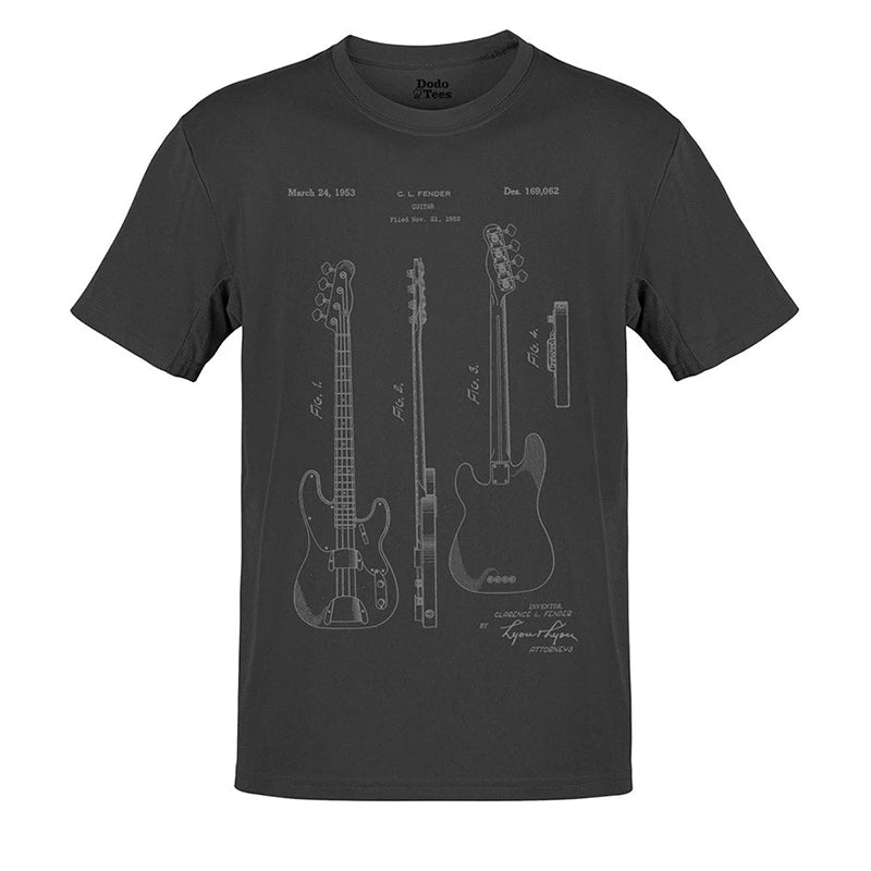 musician gifts t shirt with bass guitar patent drawing in charcoal