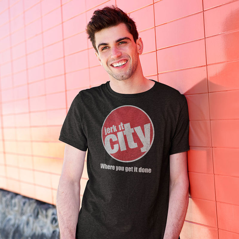 smiling man wearing naughty gifts for the men with jerk it city logo