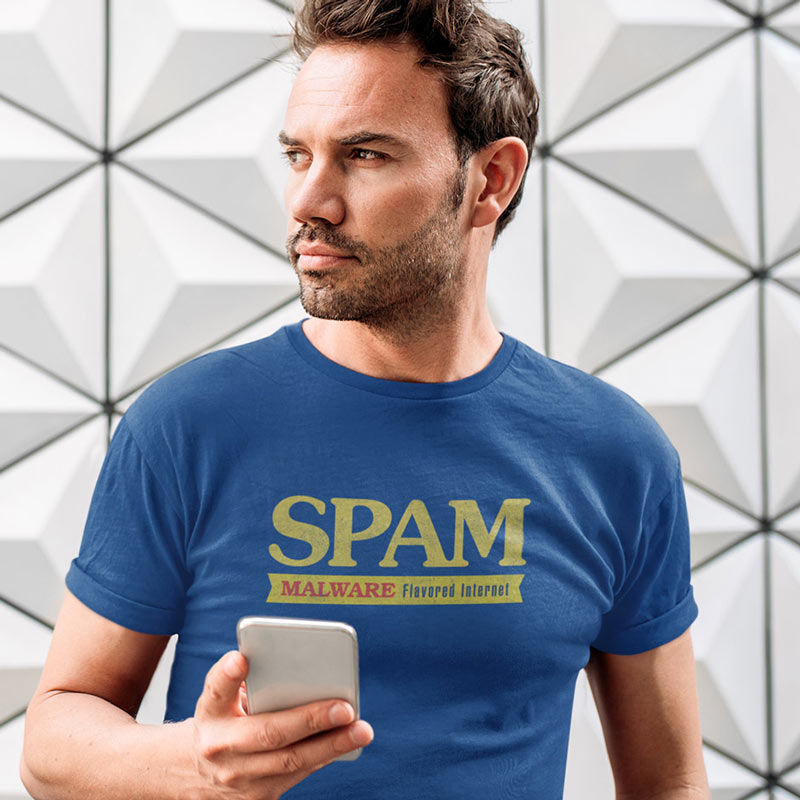 Man wearing nerd fashion that reads Spam Malware Flavored Internet. The Funny Coding Shirt has a distressed printing style.