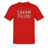 Close-up view of the novelty t shirt design 'Cream Filled' in red, a perfect example of Dodo Tees' signature wit and boldness