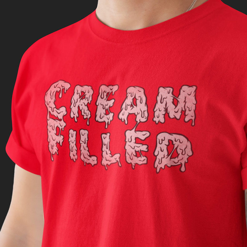 An angled shot of the 'Cream Filled' novelty t shirt, emphasizing its edgy print and Dodo Tees' rebellious spirit 