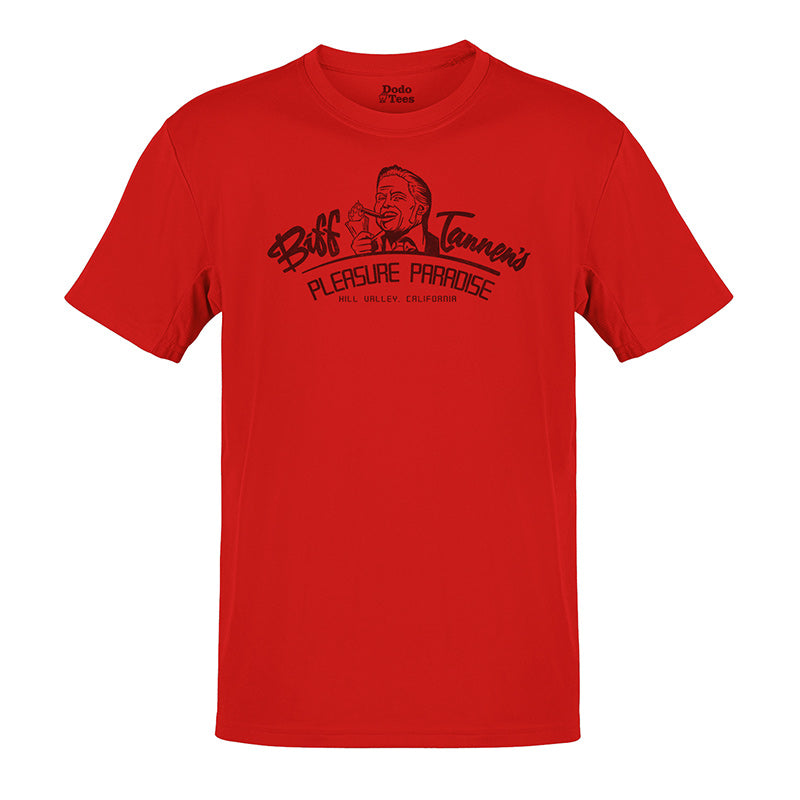 80s Tee Shirts with biff tannen's pleasure paradise logo in red