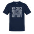 offensive merch in navy that says my couch pulls out but I don't in grunge type