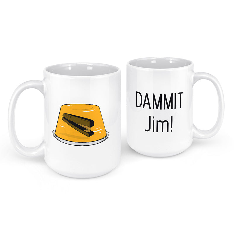 office lover jello stapler mug front and back view, with the back that says dammit jim