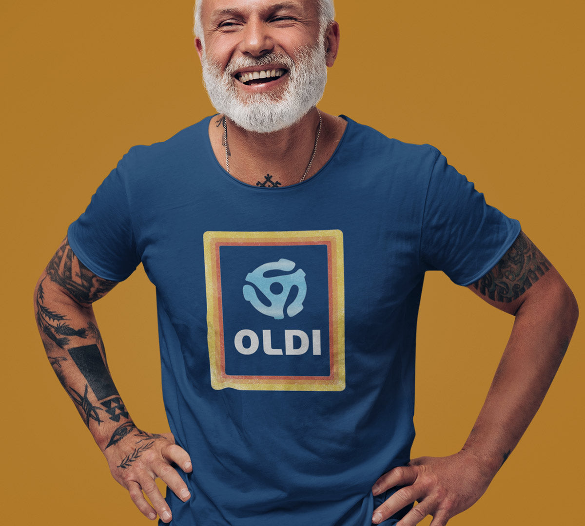 Oldi dad t shirt features a parody logo and a 45 rpm record insert. The design is lightly distressed for a worn in look. The Music T Shirts Make Great Gifts For Men.