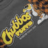 close up of outrageous t shirt with chubbos puffs distressed logo by dodo tees
