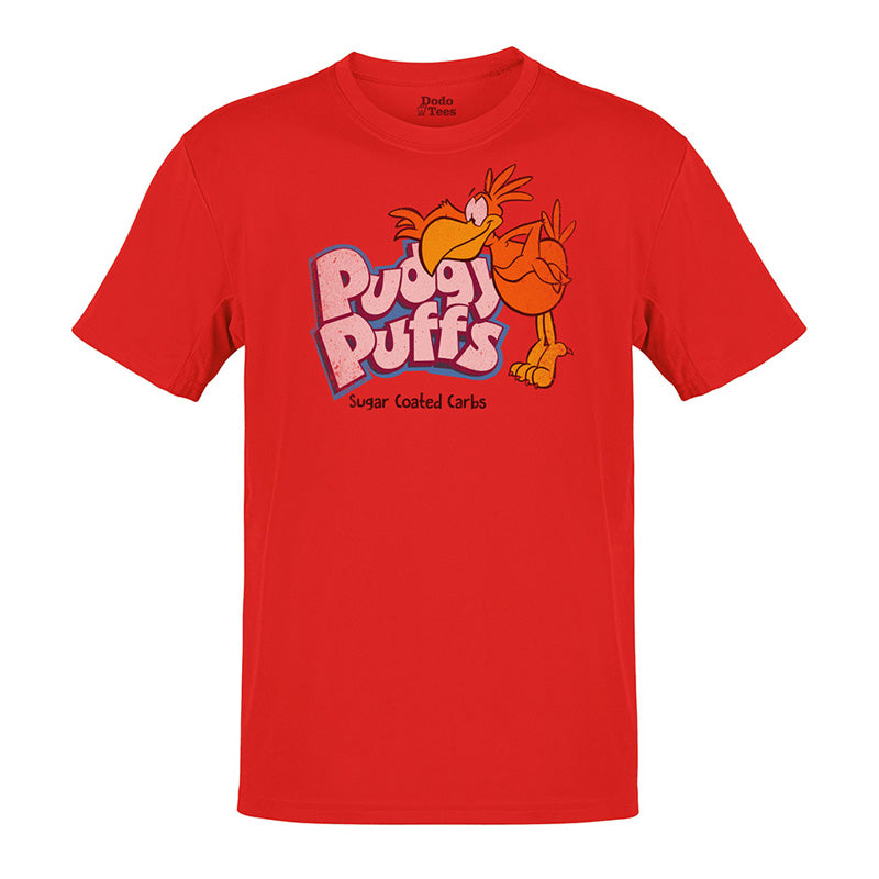 parody shirt with pudgy puffs graphic in red by dodo tees