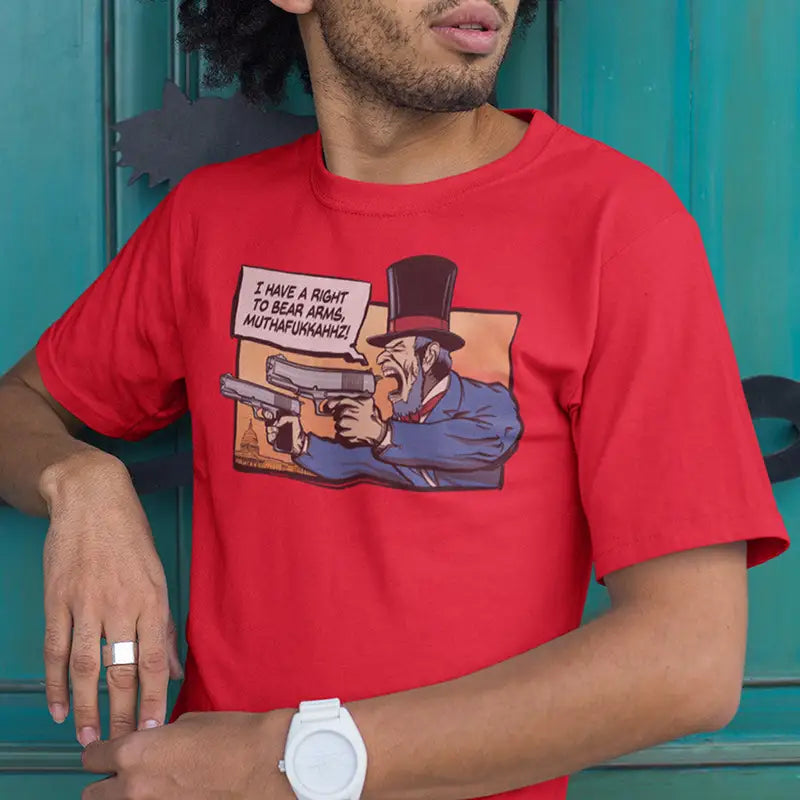 model wearing patriotic american t shirt with abe lincoln right to bear arms illustration