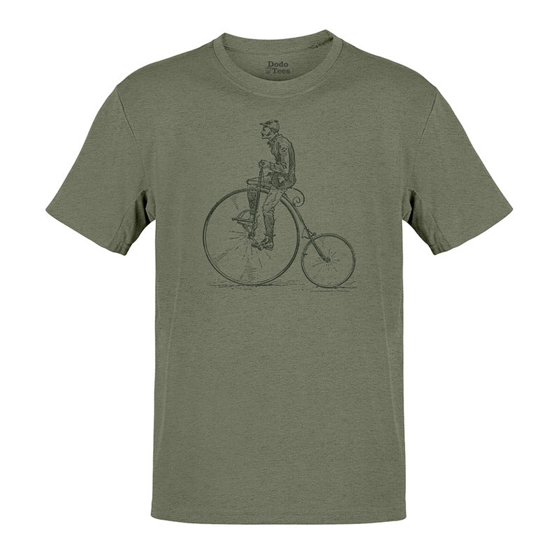 bicycle tshirt with penny farthing illustration in heather olive by dodo tees