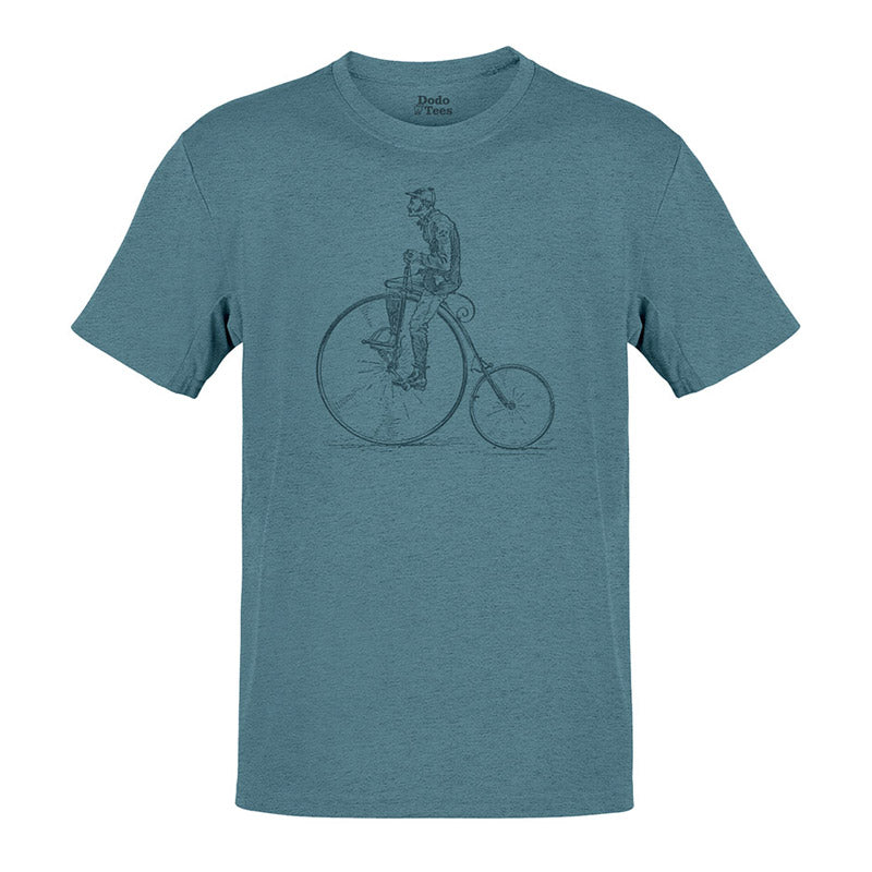 cycling tee with penny farthing illustration in heather slate by dodo tees