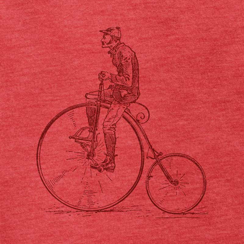 detail view of penny farthing cycologist t shirt in heather red by dodo tees