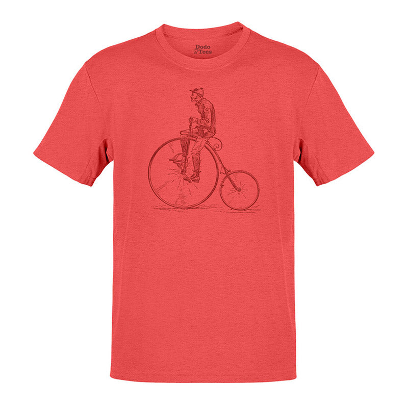 detail view of cycologist t shirt with penny farthing vintage illustration in heather red by dodo tees