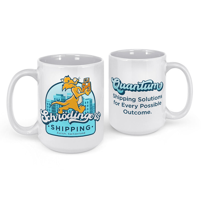 physics gifts shcrodinger's shipping mug front and back view with cat logo and quantum shipping solutions tagline