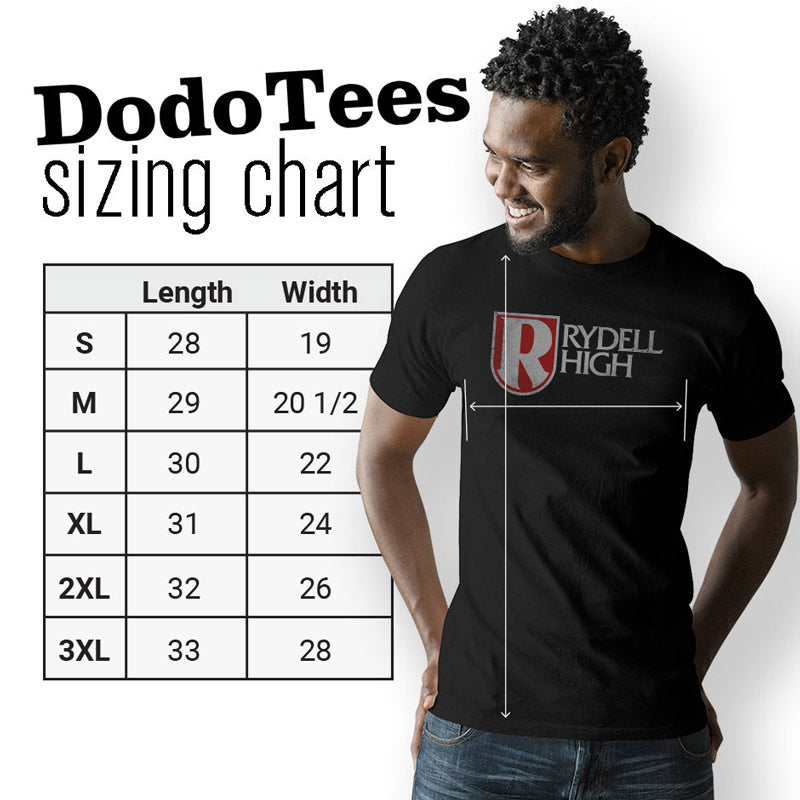 dodo tees pop culture clothing sizing chart. available in sizes small to 3XL