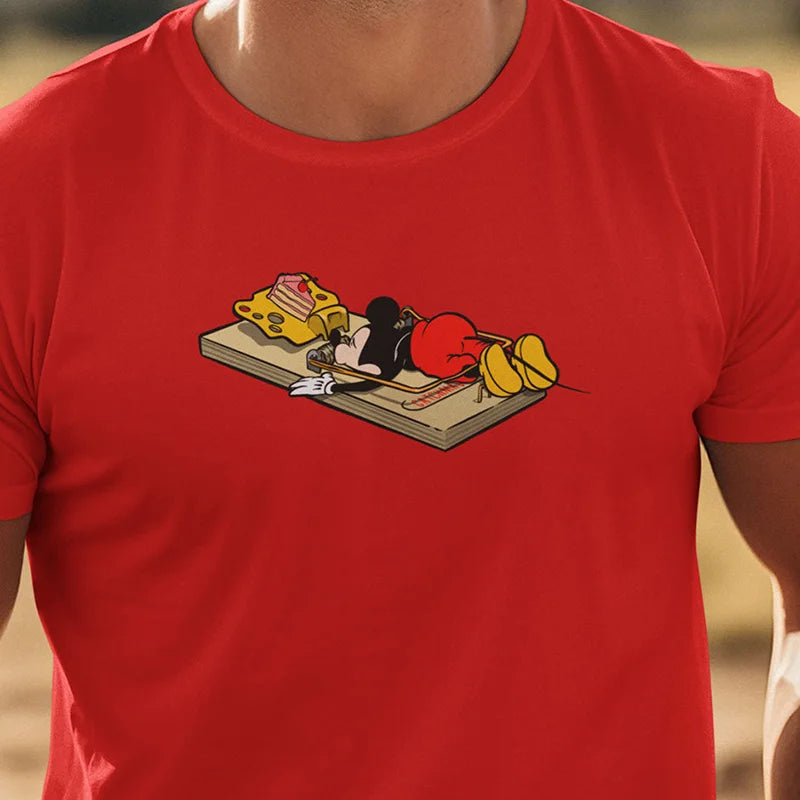 close up view of pop culture shirts with cartoon mouse in mouse trap