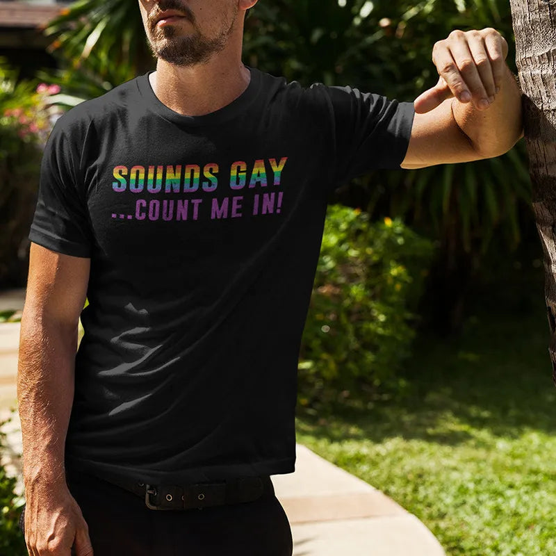 model outside wearing pride gifts sounds gay count me in t shirt