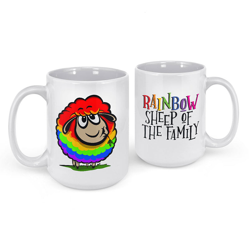 pride merchandise front and back view of dodo tees rainbow sheep of the family mug