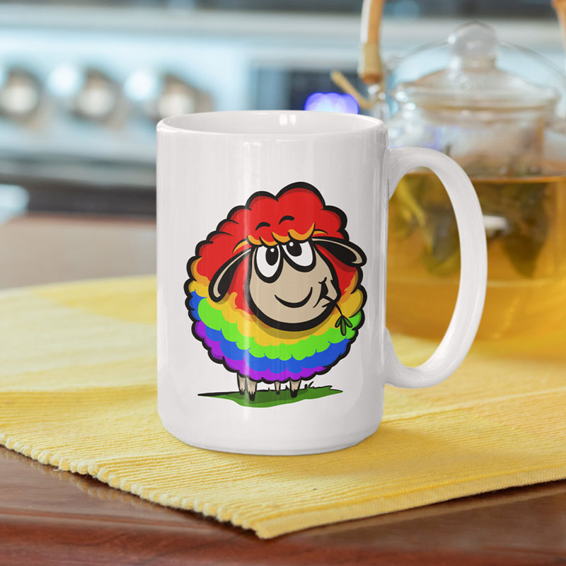 pride mug on kitchen counter with rainbow sheep illustration