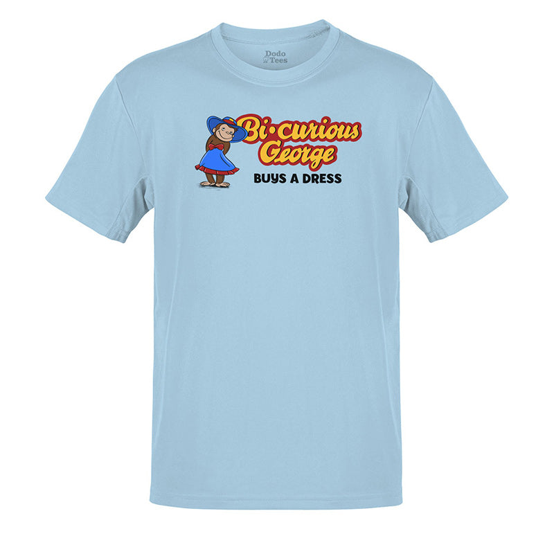 pride t shirt with bi-curious george graphic in light blue by dodo tees