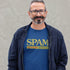 man wearing nerd clothes. Unique Dodo Tees programming t shirt  that reads Spam Malware Flavored Internet. 