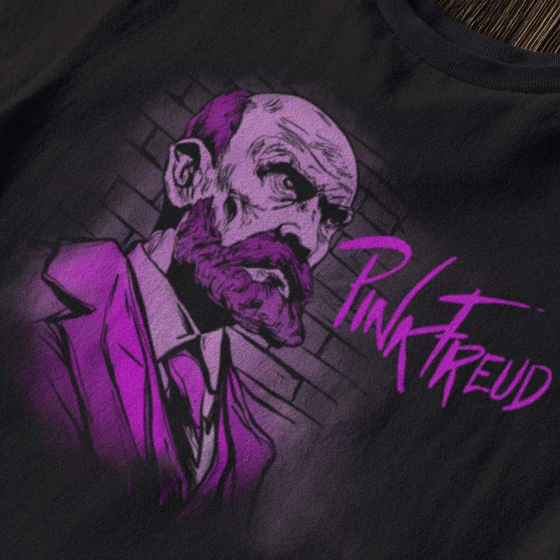 Psych apparel featuring pink freud graphic by Dodo Tees. Close up view of the band t shirt 