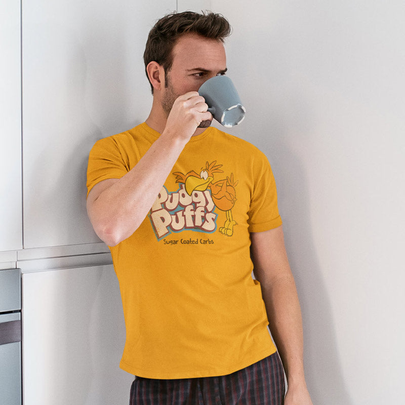 man sipping coffee wearing mens novelty t shirt with pudgy puffs graphic