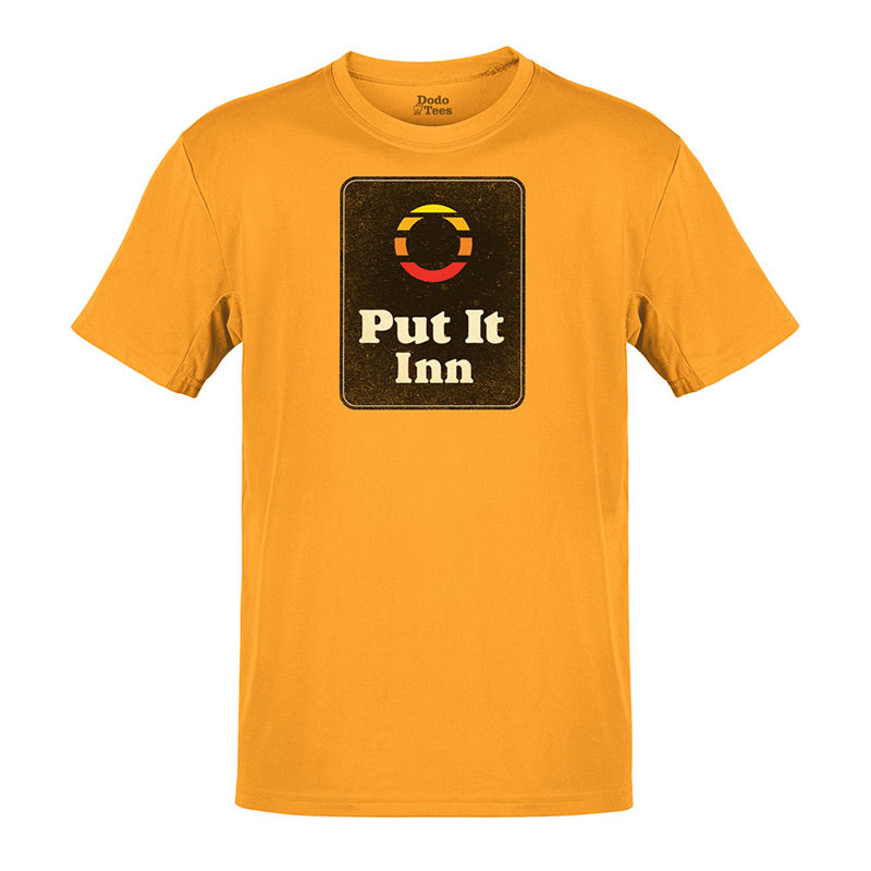 adult humor shirts with put it inn parody logo in gold