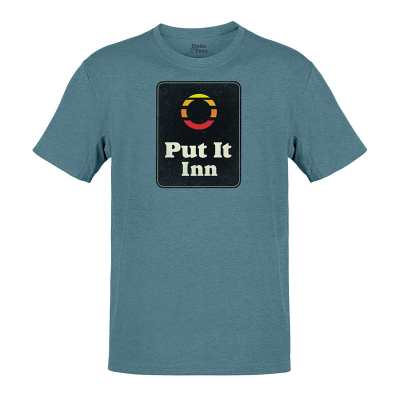 vulgar t shirt with put it inn parody logo in heather slate