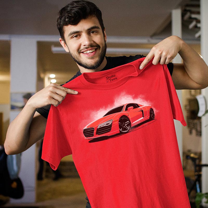man opening gifts for car lovers r8 track day shirt