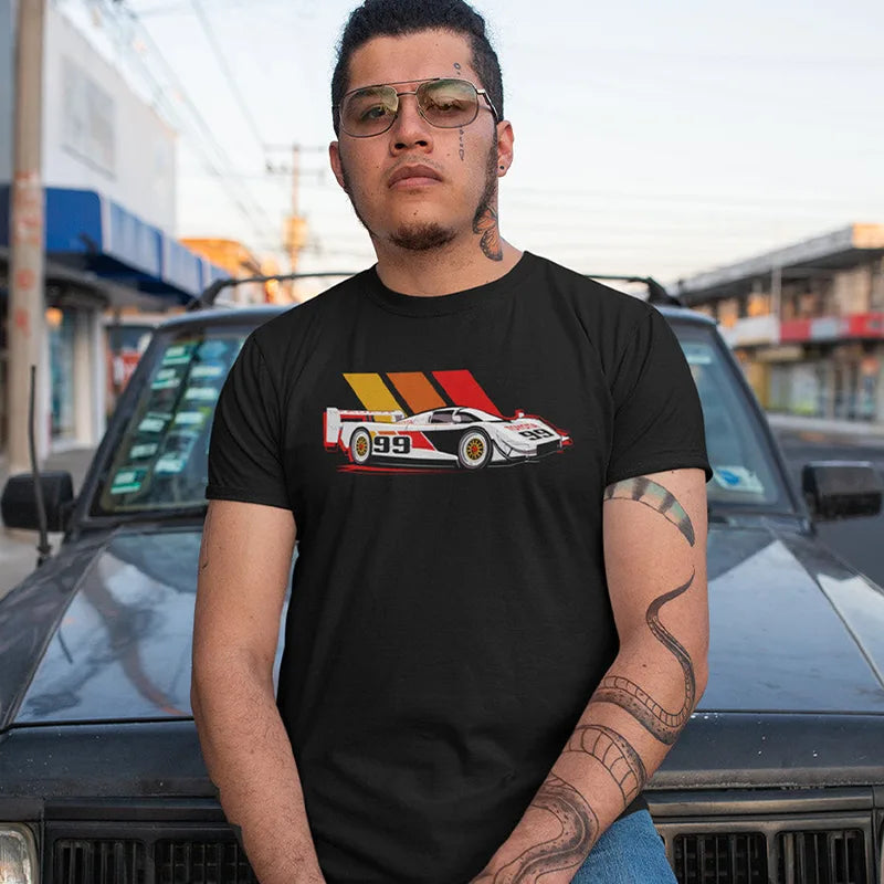 tattooed man wearing racing car shirt with aar eagle mkIII graphic