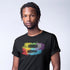 man wearing lgbt t shirt with rainbow watercolor equal sign graphic. Dodo Tees Rainbow clothing is side seamed.