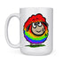 front view of dodo tees rainbow mug with cartoon illustration of a sheep with rainbow stripes